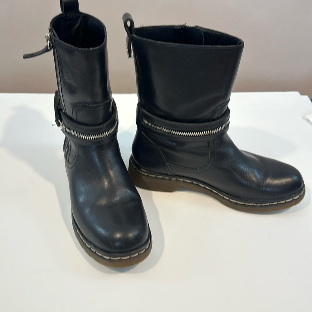 Black Zara Leather Motorcycle Ankle Boots 37 7